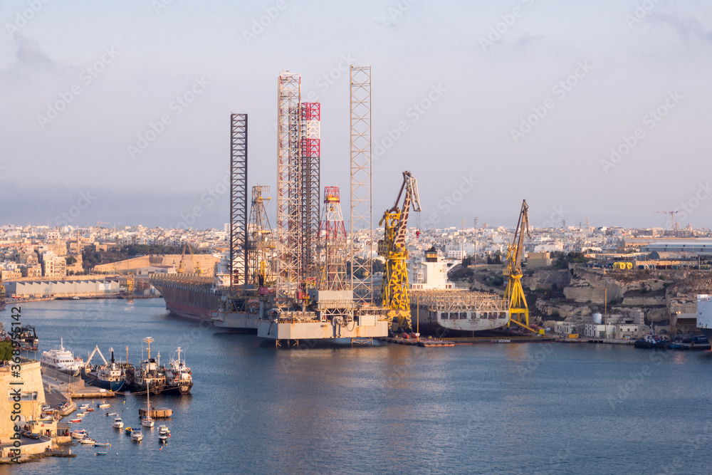 Part of the Grand Harbour of Malta showing the cranes in the dry dock.