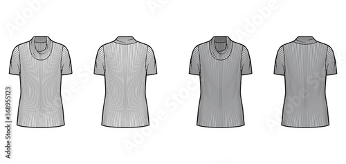 Ribbed cowl turtleneck knit sweater technical fashion illustration with short rib sleeves, oversized tunic length. Flat outwear apparel template front back white grey color. Women men unisex shirt top