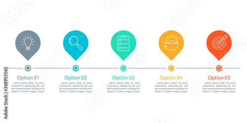 5 steps, option or levels info graphic design with five business icons. Modern elements for presentation, workflow layout, timeline infographics. Vector illustration.