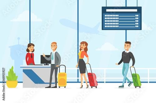Passengers Standing in Queue with Luggage to Register for Flight in Airport, People Travelling by Plane with Luggage Vector Illustration