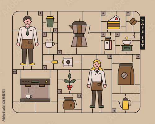 Barista and coffee icons in plastic model kit concept.