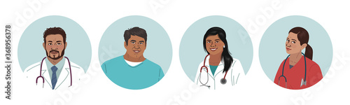 Indian Medics. Medical Characters. Doctors and nurses round portraits, team of doctors concept, medical office or laboratory. Modern flat vector concept digital people vector illustration