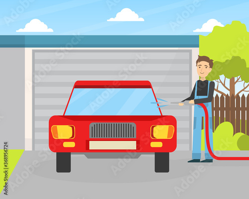 Car Wash Service, Male Worker Character in Overalls Washing Car Vector Illustration