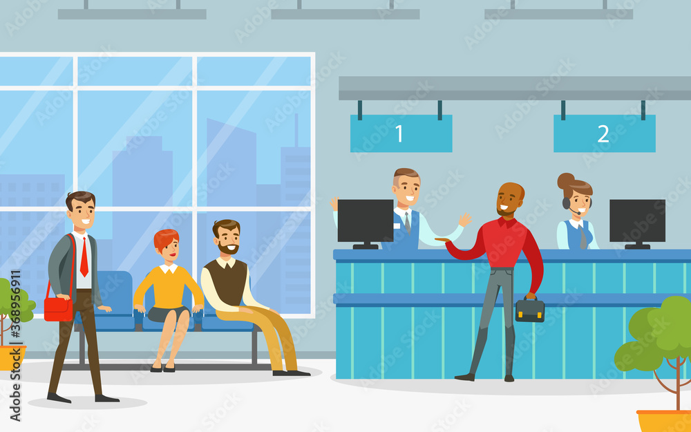 Bank Office Interior with Managers Providing Services to Customers, Financial Bank Service Vector Illustration - obrazy, fototapety, plakaty 
