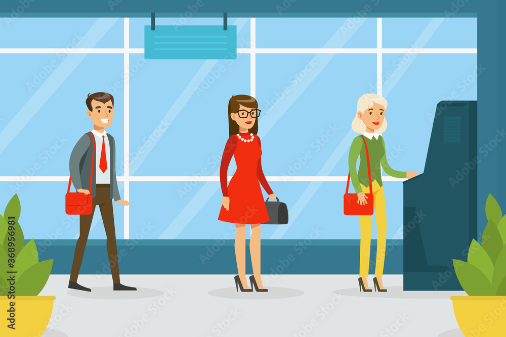 Queue of People Waiting in Line to the ATM, Financial Bank Service Vector Illustration Queue of People Waiting in Line to the ATM, Financial Bank Service Vector Illustration