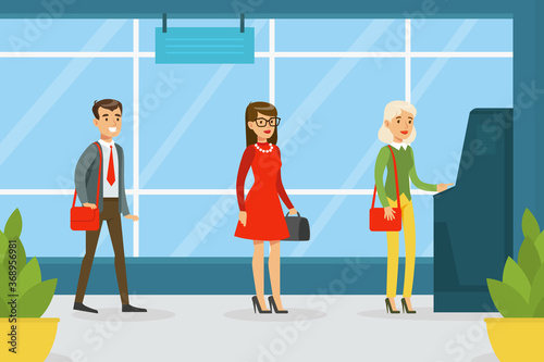 Queue of People Waiting in Line to the ATM, Financial Bank Service Vector Illustration