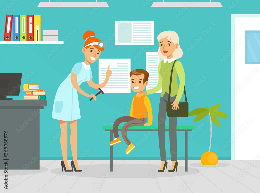 Neurologist Examining Boy with Parent in Office, Doctor Woman Doing Medical Examination of Kid, Medical Service Concept Vector Illustration