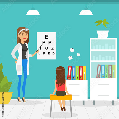 Optometrist Checking Girl Eyesight with Test Chart in Office, Doctor Woman Doing Medical Examination of Kid, Medical Service Concept Vector Illustration