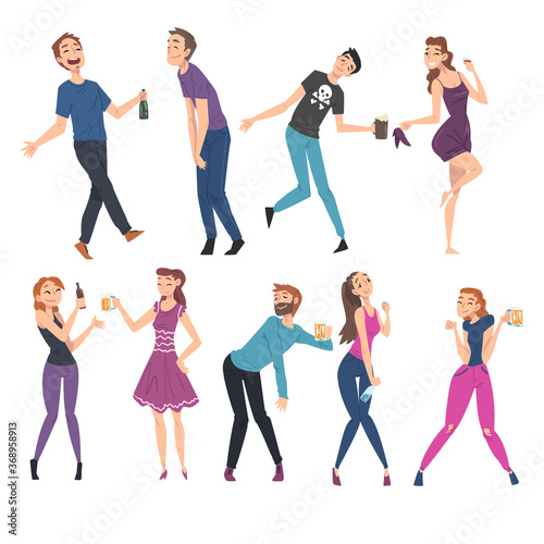 Drunk People Set, Men and Women with Alcohol Drink Bottles and Beer Mugs in their Hands Walking Tipsy Screwed, Drunkenness, Bad Habit Concept Cartoon Style Vector Illustration © topvectors