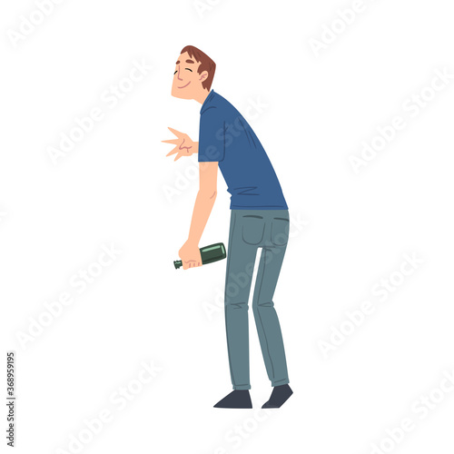 Drunk Man with Alcohol Drink Bottle in his Hands, Drunkenness, Bad Habit Concept Cartoon Style Vector Illustration