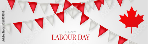 Canada Labour Day banner or header. Canadian red and white bunting flag background. National workers holiday concept. Vector illustration.