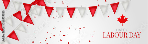 Canada Labour Day banner or header. Canadian red and white bunting flag background. National workers holiday concept. Vector illustration.