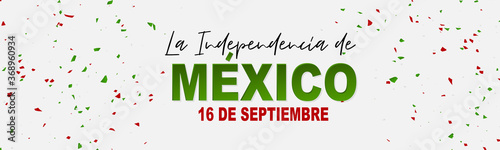 Mexico Independence Day simple banner or header. 16 September Mexican national holiday. Green, white, and red confetti. Vector illustration.