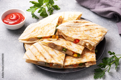 Triangular slices of a Mexican quesadilla with the sauce. The traditional dish of Mexico is tortillas stuffed with meat and vegetables. copy space.