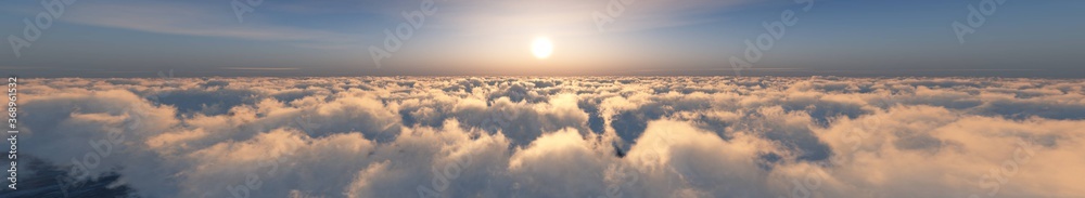 Beautiful panorama of clouds at sunrise, sunset above the clouds, among the clouds, 3D rendering