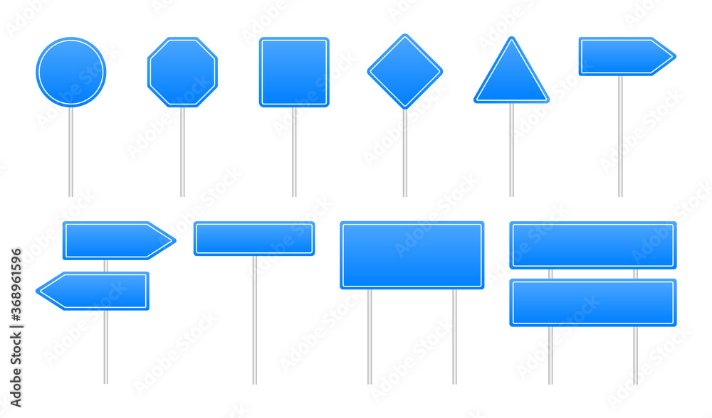 Set of blue road signs. Street signs. Vector illustration.