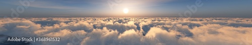 Beautiful panorama of clouds at sunrise, sunset above the clouds, among the clouds, 3D rendering