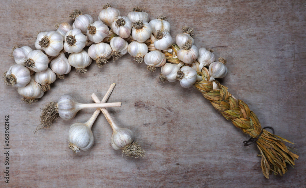 Fresh Harvesting garlic from out of the garden. braided garlic or Garlic string. Harvested vegetables, organic. Decorative food Garlic braid at wooden background. Fresh Harvesting garlic from out of the garden. braided garlic or Garlic string. Harvested vegetables, organic. Decorative food Garlic braid at wooden background.