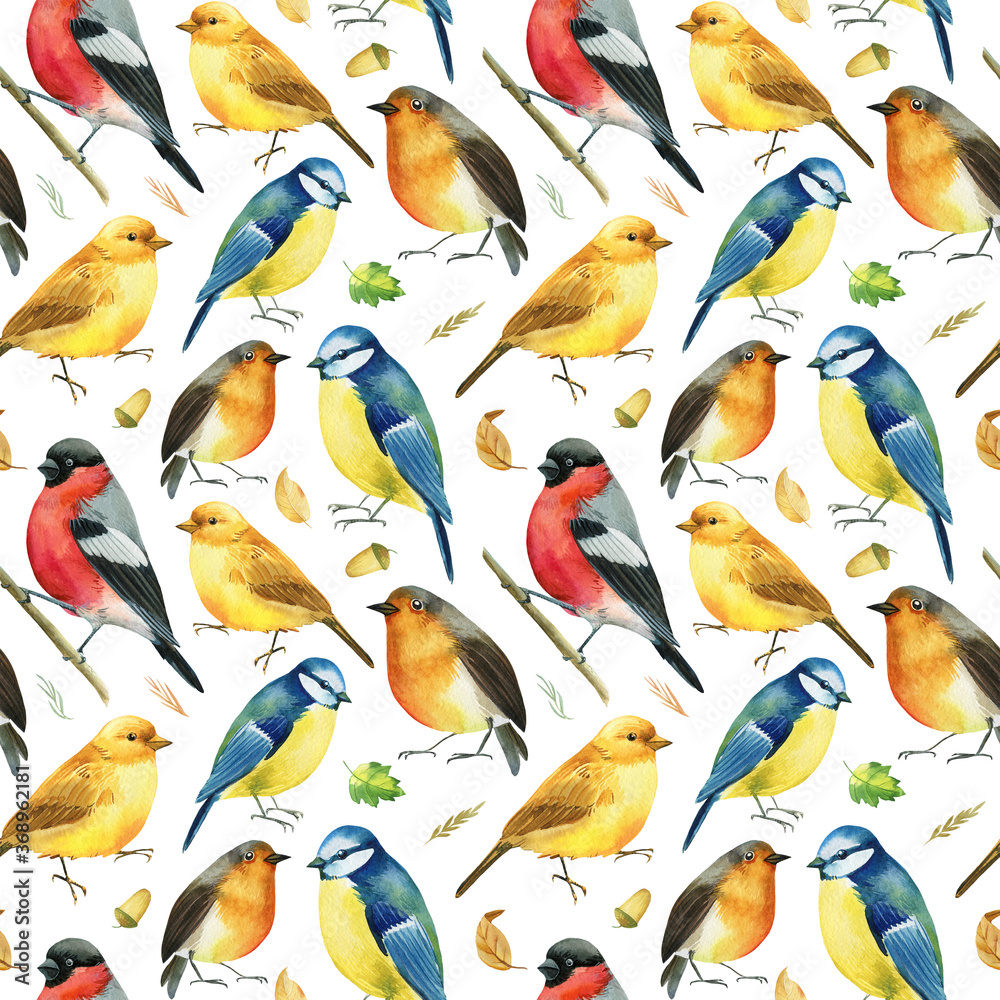 Obraz premium Bullfinches, titmice, canaries, robin birds. Watercolor, digital paper. Seamless pattern.