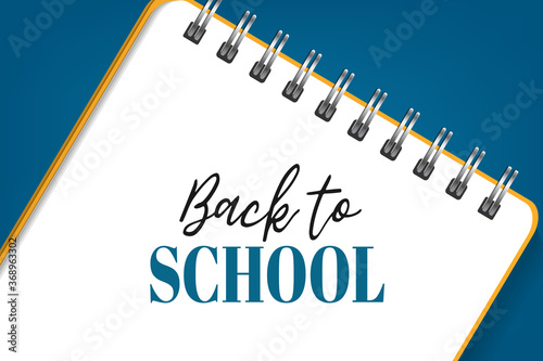 Back to School. Spiral notebook on blue background. Sale banner template. 3d realistic illustration.