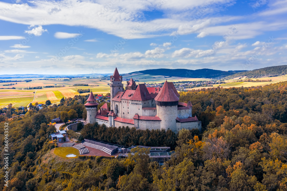 Burg Kreuzenstein from the Sky. Kreuzenstein Castle ist one of the most beautiful sights of Lower Austria. Amazing old castle where the movie The Three Musketeers was filmed in 1993.