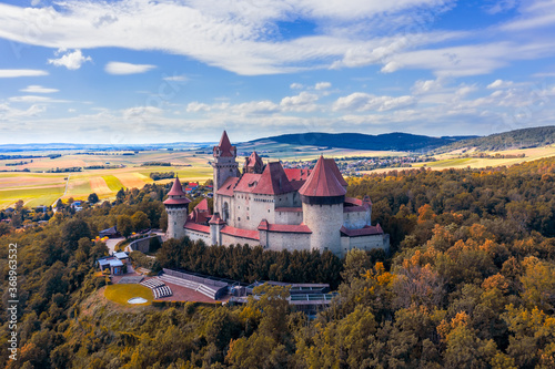 Burg Kreuzenstein from the Sky. Kreuzenstein Castle ist one of the most beautiful sights of Lower Austria. Amazing old castle where the movie The Three Musketeers was filmed in 1993. photo