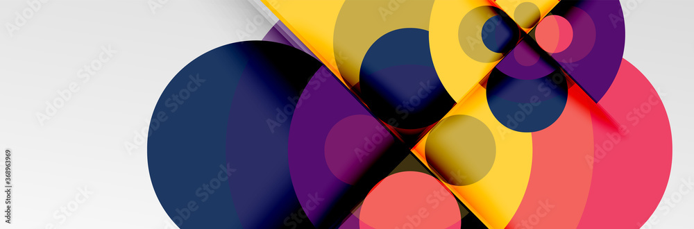 Bright color circles, abstract round shapes and triangles composition with shadow effects. Vector modern geometric design template Bright color circles, abstract round shapes and triangles composition with shadow effects. Vector modern geometric design template