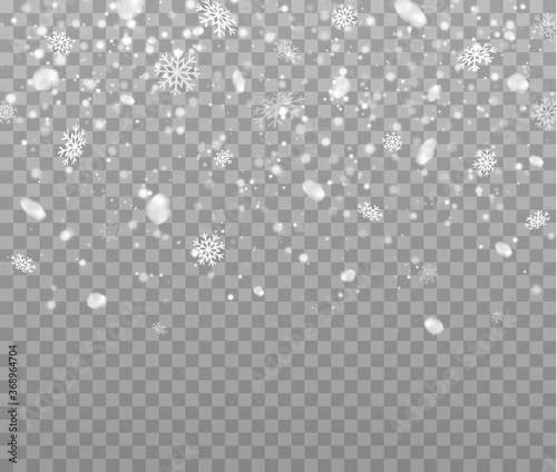 Winter snowfall. Realistic falling snowflakes. Vector heavy snowfall, snowflakes of different shapes