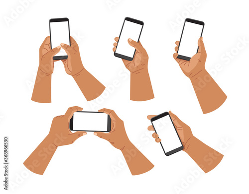 Cartoon hands and mobile phone. Hand of man holding phone and touch phone, business concept, flat design White background