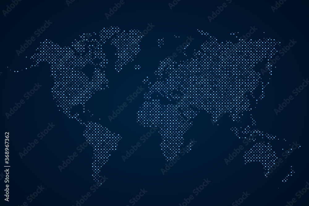 Fototapeta premium Niebieska kropkowana mapa świata. Tło technologii. Streszczenie cyfrowe kropki. Globalny punkt mapy świata. Koło kuli ziemskiej. Kontynenty na całym świecie. Sylwetka planety okrągłe. Kontynent dla projektów podróżniczych. Wektor