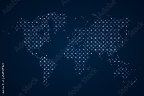Blue dotted map world. Technology background. Abstract digital dots. Worldmap global point. Earth globe circle. Worldwide continents. Silhouette planet round. Continent for designs travel. Vector  photo