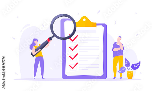 Task done business concept tiny person with magnifying glass nearby giant clipboard. Complete checklist and check mark ticks flat style design vector illustration isolated white background.