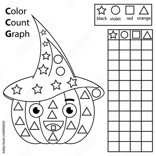 Color, count and graph. Educational children game. Color Halloween pumpkin and counting shapes. Printable worksheet for kids and toddlers