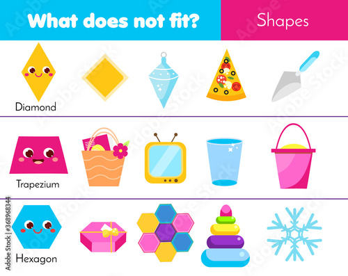 Educational children game. What does not fit type. learning geometric shapes in life. Worksheet for kids and toddlers
