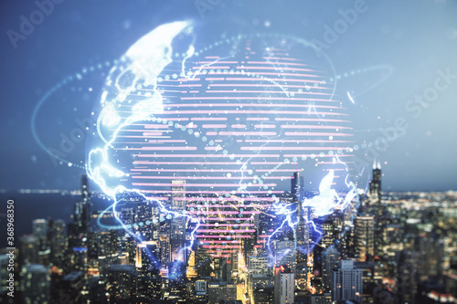 Double exposure of abstract digital world map hologram with connections on Chicago office buildings background, big data and blockchain concept