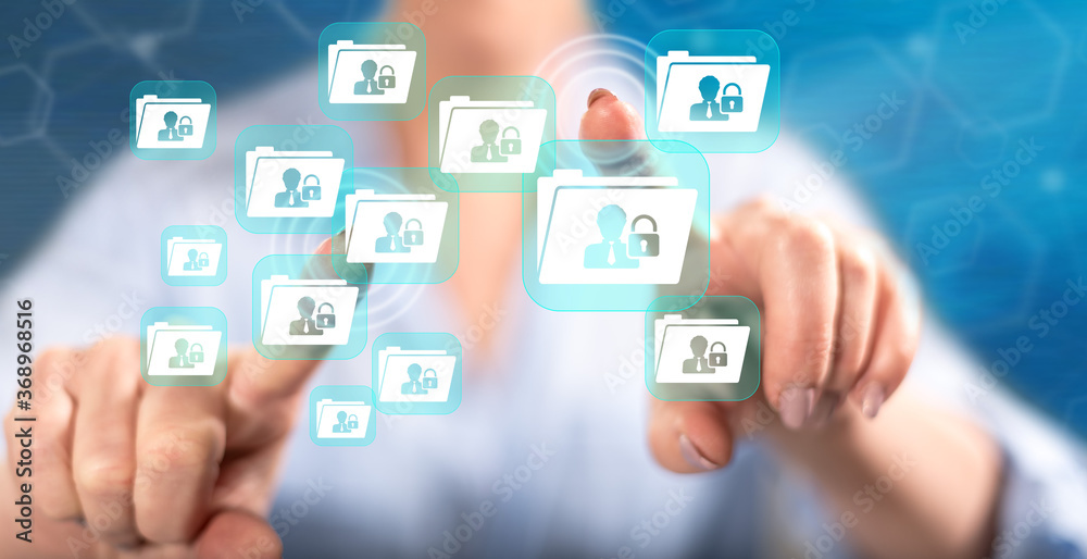 Woman touching a personal data security concept Woman touching a personal data security concept