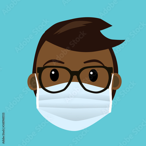 A face with a face mask for protection. It's A mans face with a protective face mask. The man has black and dark skin and is wearing glasses. 