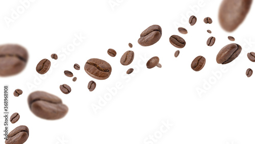 Flying whirl roasted coffee beans in the air studio shot isolated on white background long banner with copyspace, Healthy products by organic natural ingredients concept