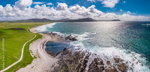Aerial view of the beautiful coast next to Carrickabraghy Castle - Isle of Doagh, Inishowen, County Donegal - Ireland