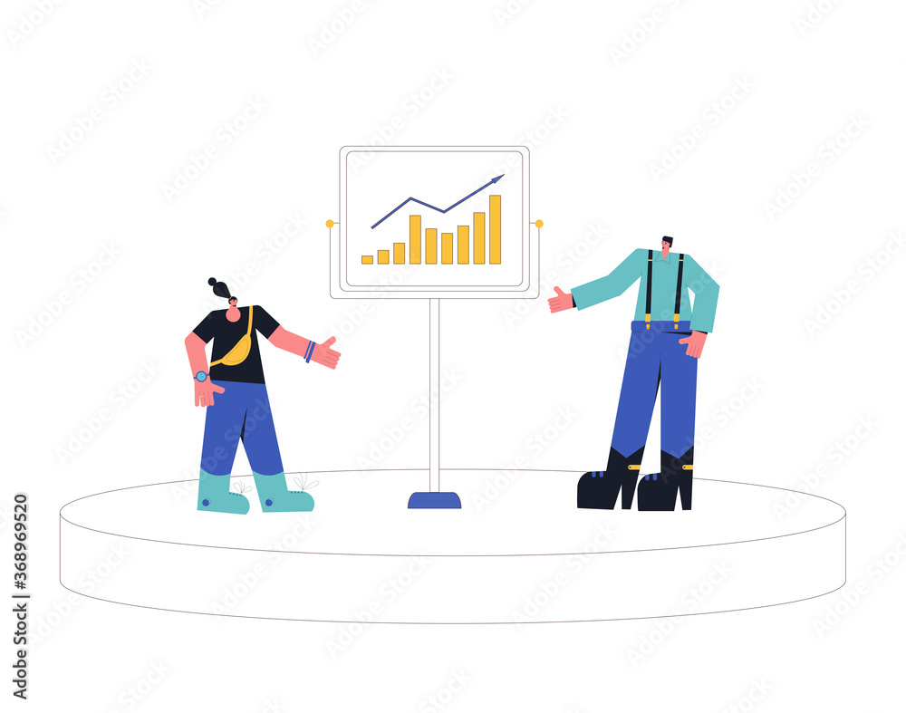 Financial literacy concept. ABC of finance. Tiny people with board talking about investment, income, money, budget for kids. Vector flat illustration. Financial literacy concept. ABC of finance. Tiny people with board talking about investment, income, money, budget for kids. Vector flat illustration.