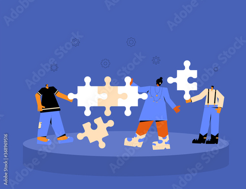 Teamwork concept. Business team coworking Tiny people with huge puzzles pieces. Collaboration. Vector flat illustration.
