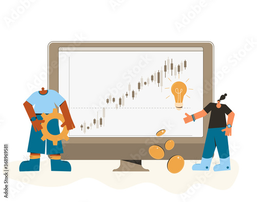 Personal financing. Investment idea. Financial advisor and analyst. Minor shareholders. People with huge computer monitor and candle stick graph chart. Vector illustration.