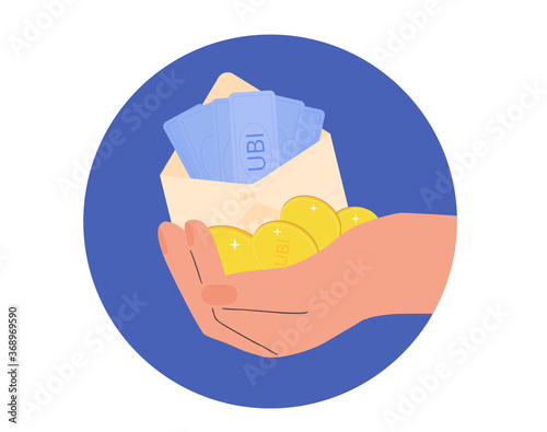 Universal basic income. Unconditional guarantee. Living stipend. Governmental public program for a periodic payment to people. Vector flat illustration.