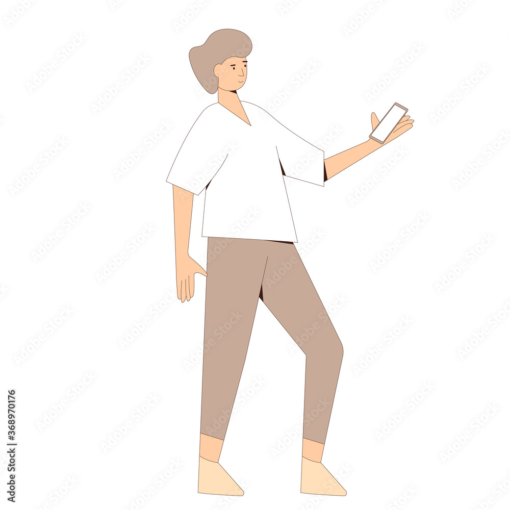 Young man in casual clothes standing with phone and reading message. Line art flat vector character isolated on white background. Young man in casual clothes standing with phone and reading message. Line art flat vector character isolated on white background.