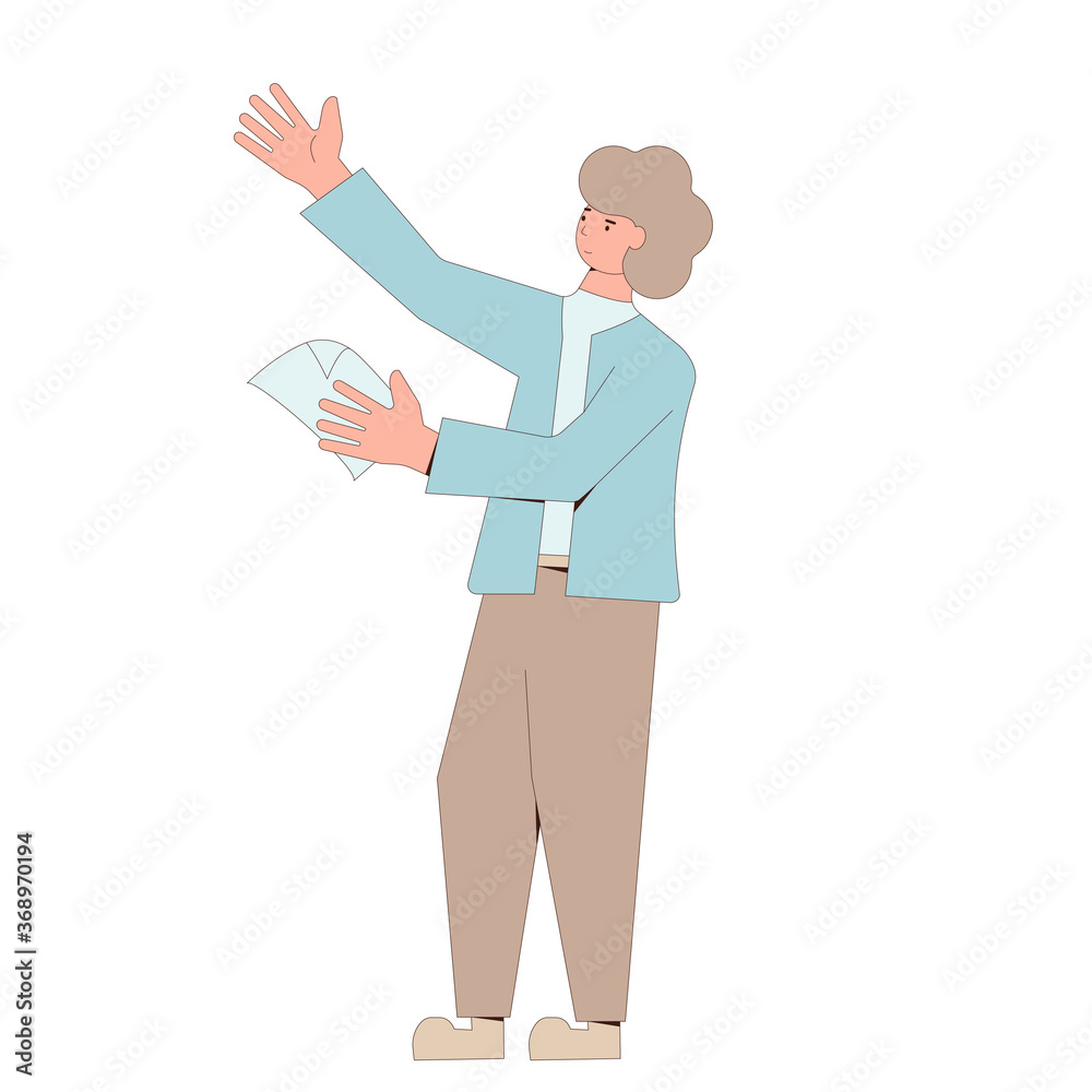 Young man in casual clothes standing with paper and pointing with hand. Line art flat vector character isolated on white background. Young man in casual clothes standing with paper and pointing with hand. Line art flat vector character isolated on white background.