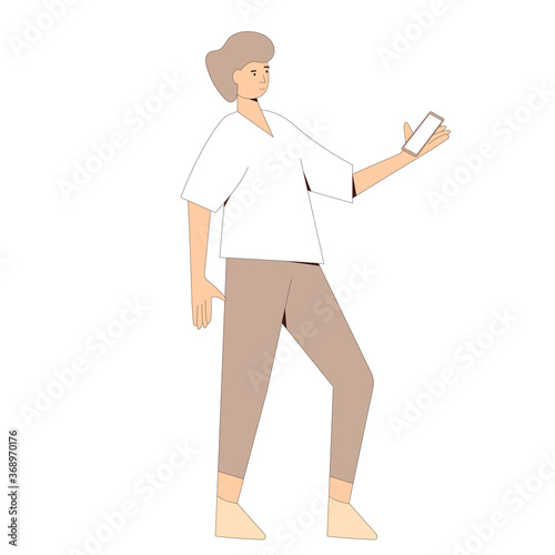 Young man in casual clothes standing with phone and reading message. Line art flat vector character isolated on white background. 