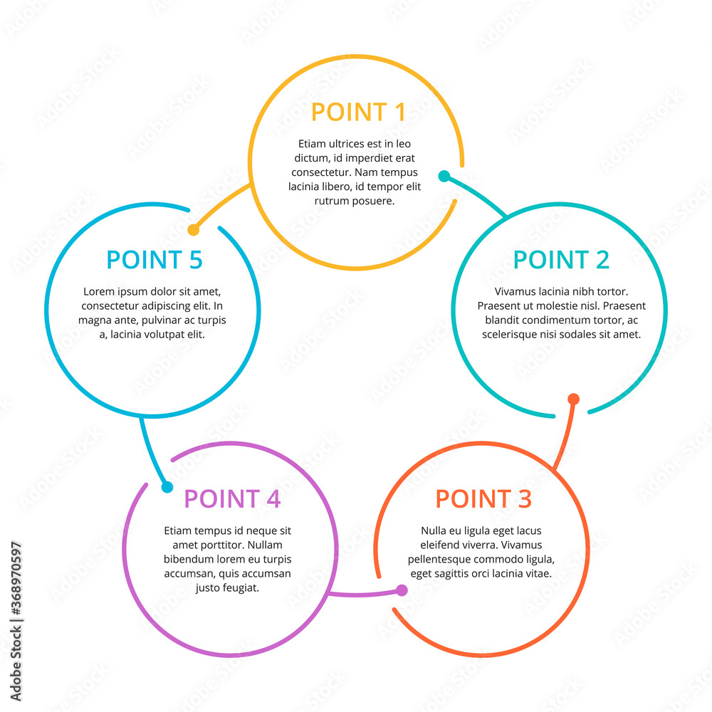 Infographic template  - 5 steps (points) with colorful rounded and outlined fragments and sample text - vector 