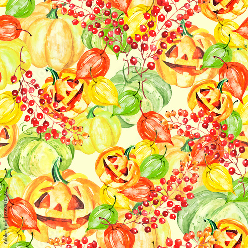 Fototapeta Naklejka Na Ścianę i Meble -  Orange pumpkin watercolor. Pumpkin for Halloween, for a holiday. Night party. Sinister pumpkin. physalis, autumn leaves. Berry, currant branch. Background for halloween. Watercolor seamless pattern