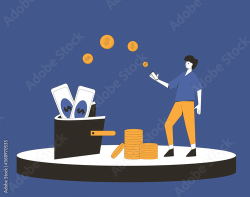 Personal finance savings. Young man standing with money and huge purse and giving part of his salary to save. Line art flat vector character with huge coins. 