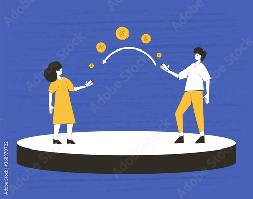 Payment with phone concept. Online finance transaction service. Two people with mobile and digital money. Line art flat vector illustration. 